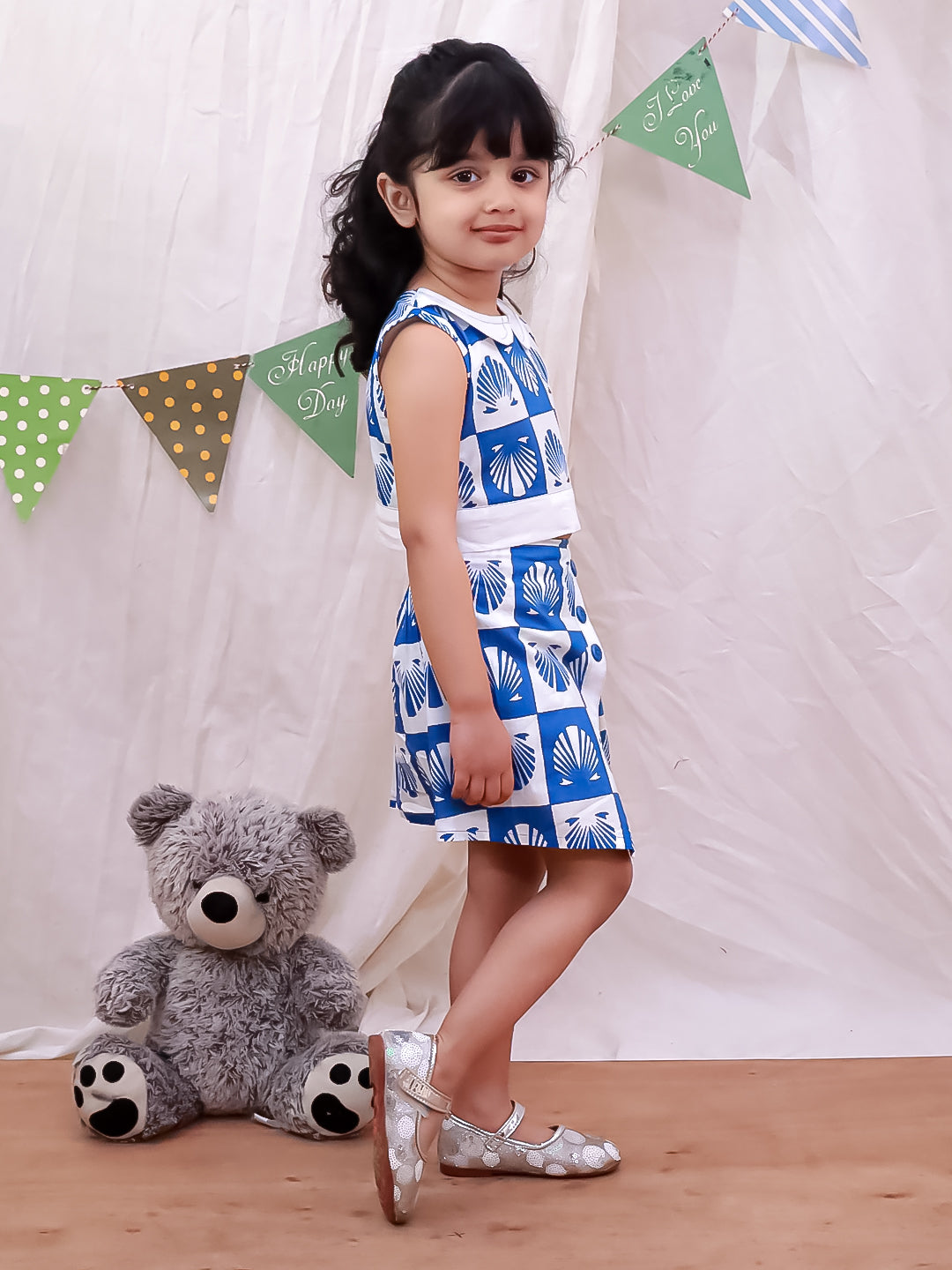 Kid One Shell Block Print Top & Skirt Set Blue