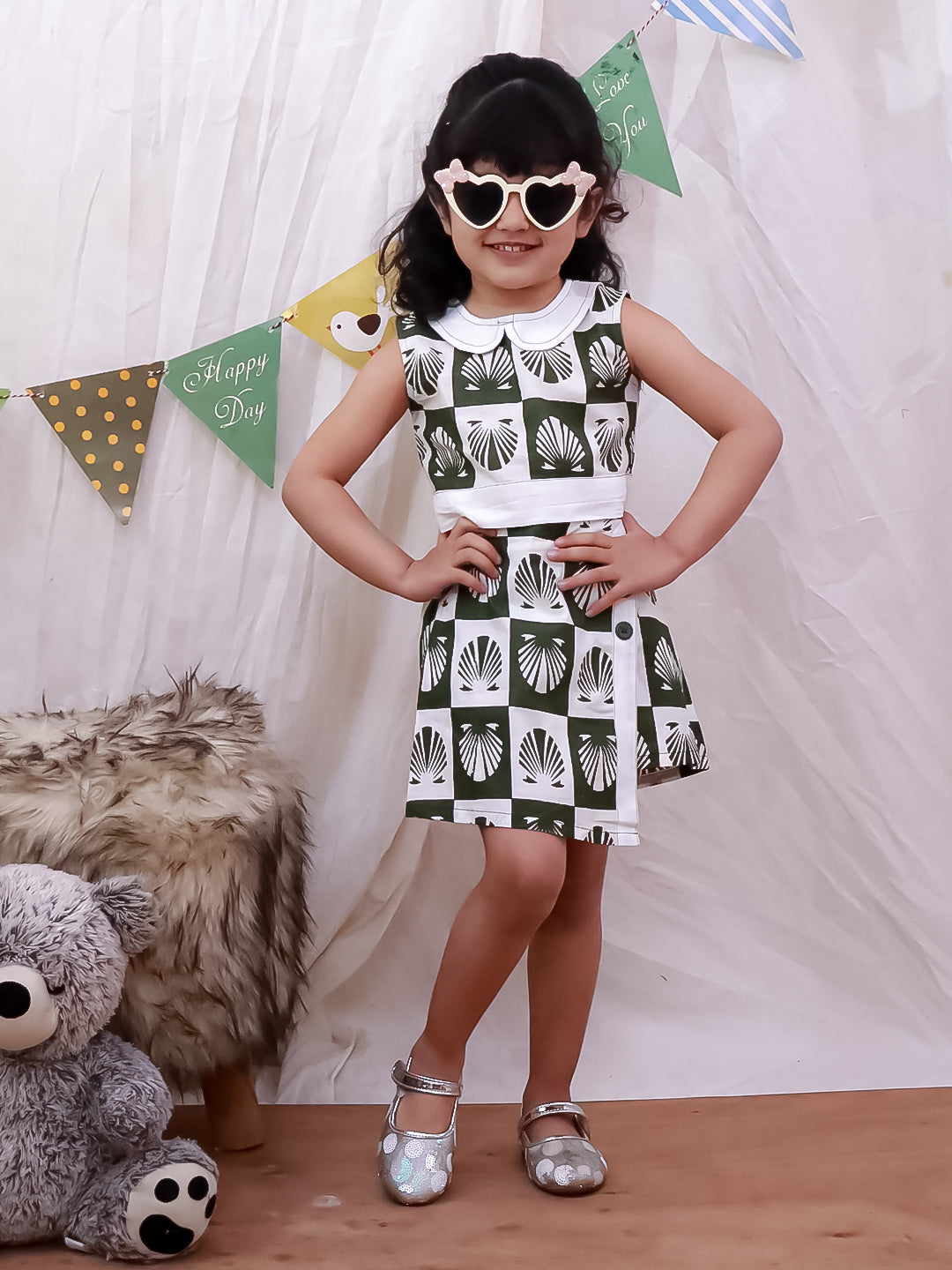 Kid One Shell Block Print Top & Skirt Set Green