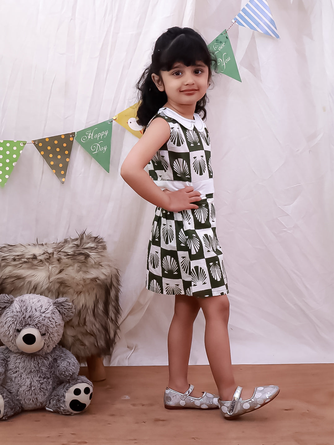 Kid One Shell Block Print Top & Skirt Set Green