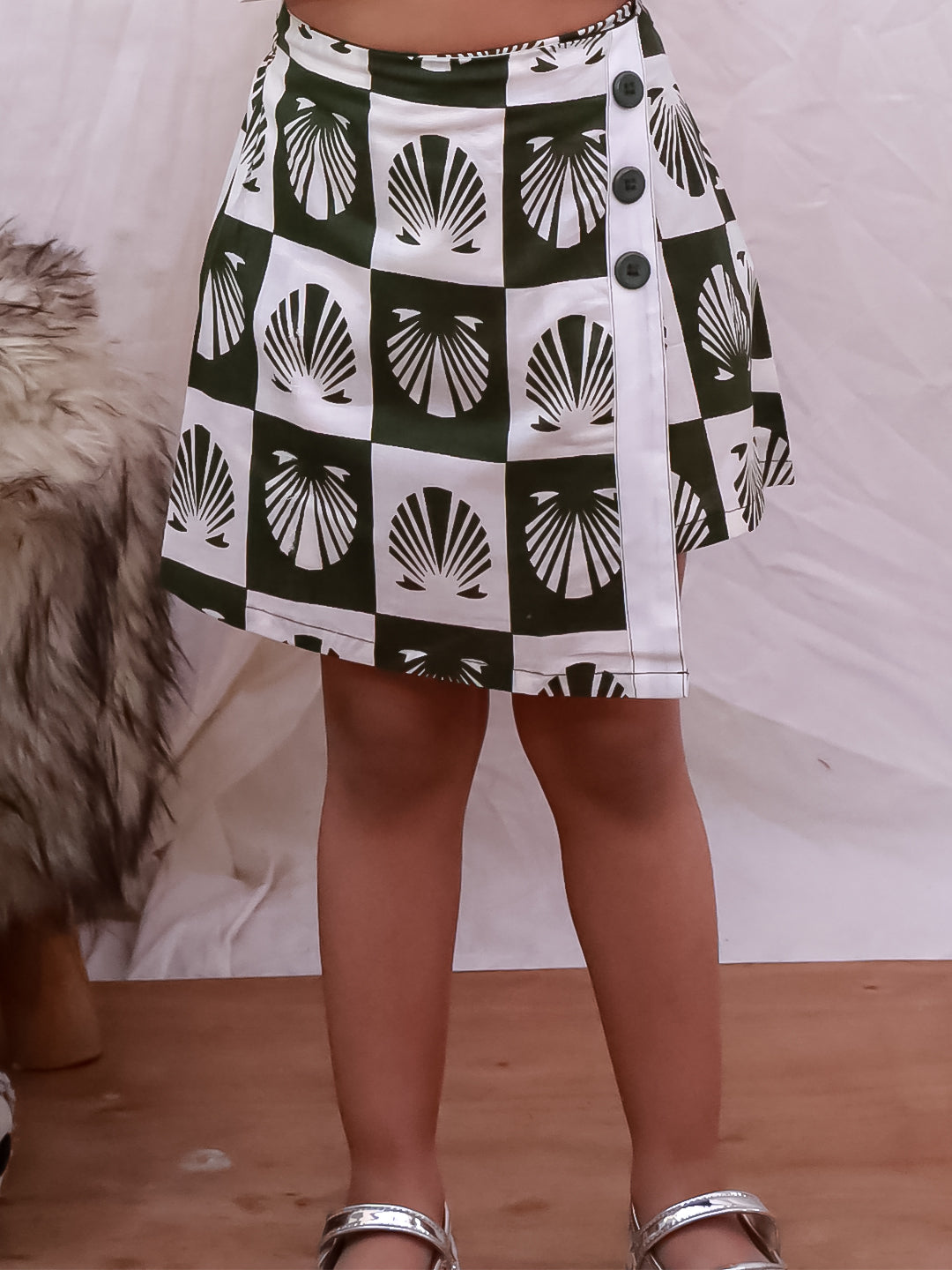 Kid One Shell Block Print Top & Skirt Set Green