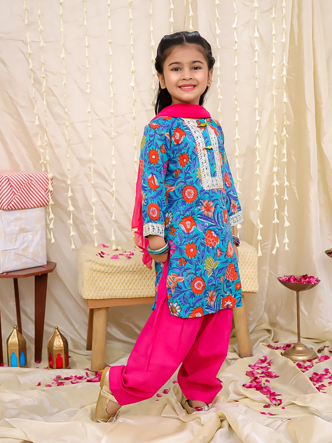 KID1 Mogra Floral Kurti Salwar Blue