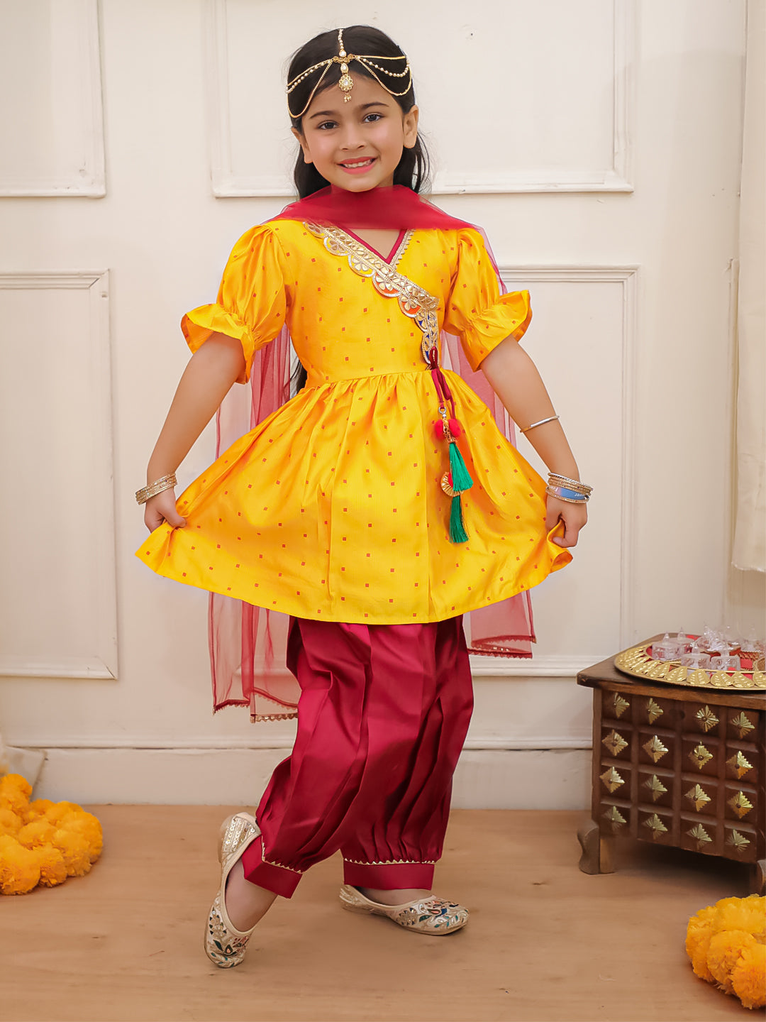 KID1 Chaandbutti Peplum Top With Afgani Salwar With Dupatta Yellow