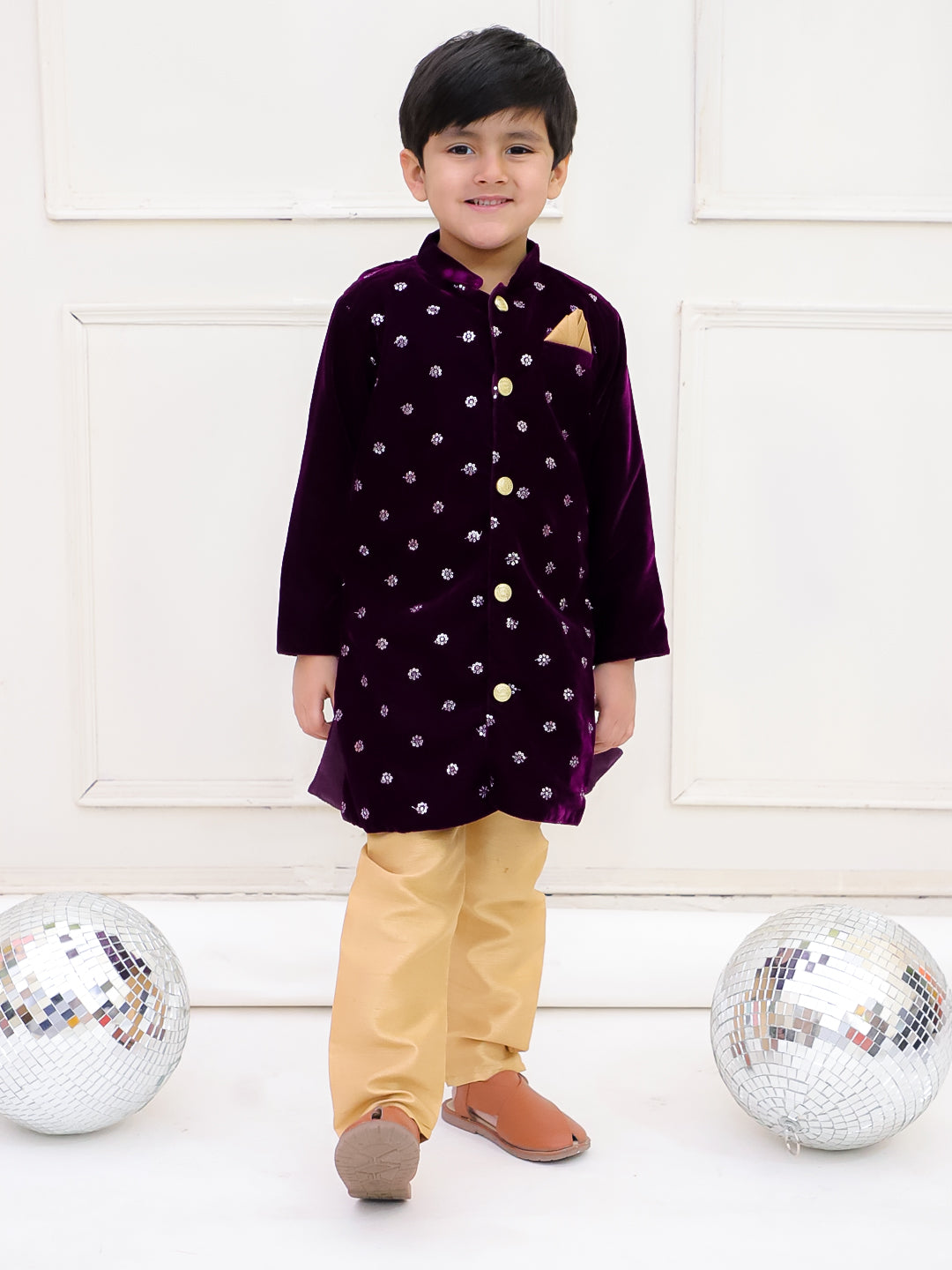 KID1 Alina Velvet Lehenga For Girls With Embroidered Velvet Sherwani Set For Boys - Purple