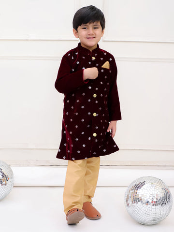 KID1 Embroidered Velvet Sherwani Set Wine