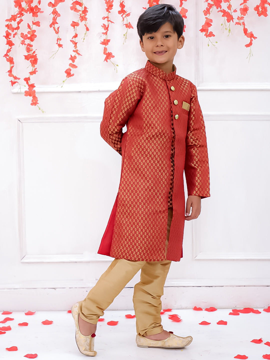 Kid One Buti Jacquard Sherwani Maroon
