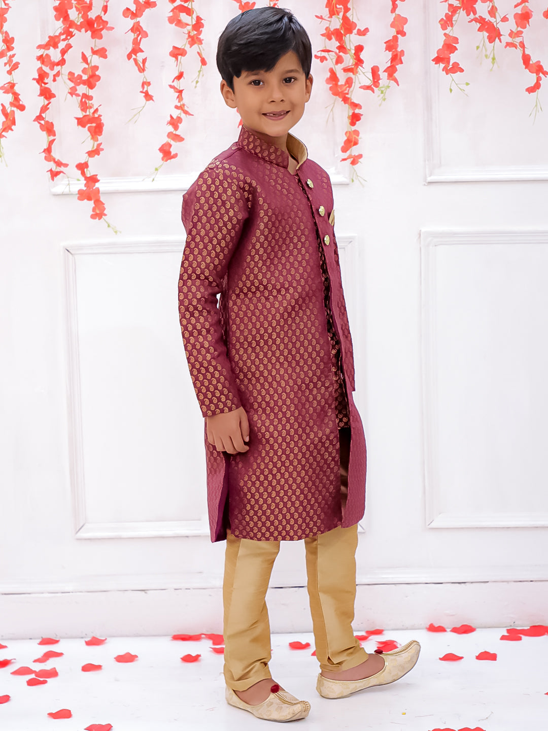 Kid One Buti Jacquard Sherwani Purple