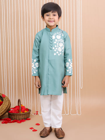 Kid One Royal Embroidered Sherwani Set For Boys Green