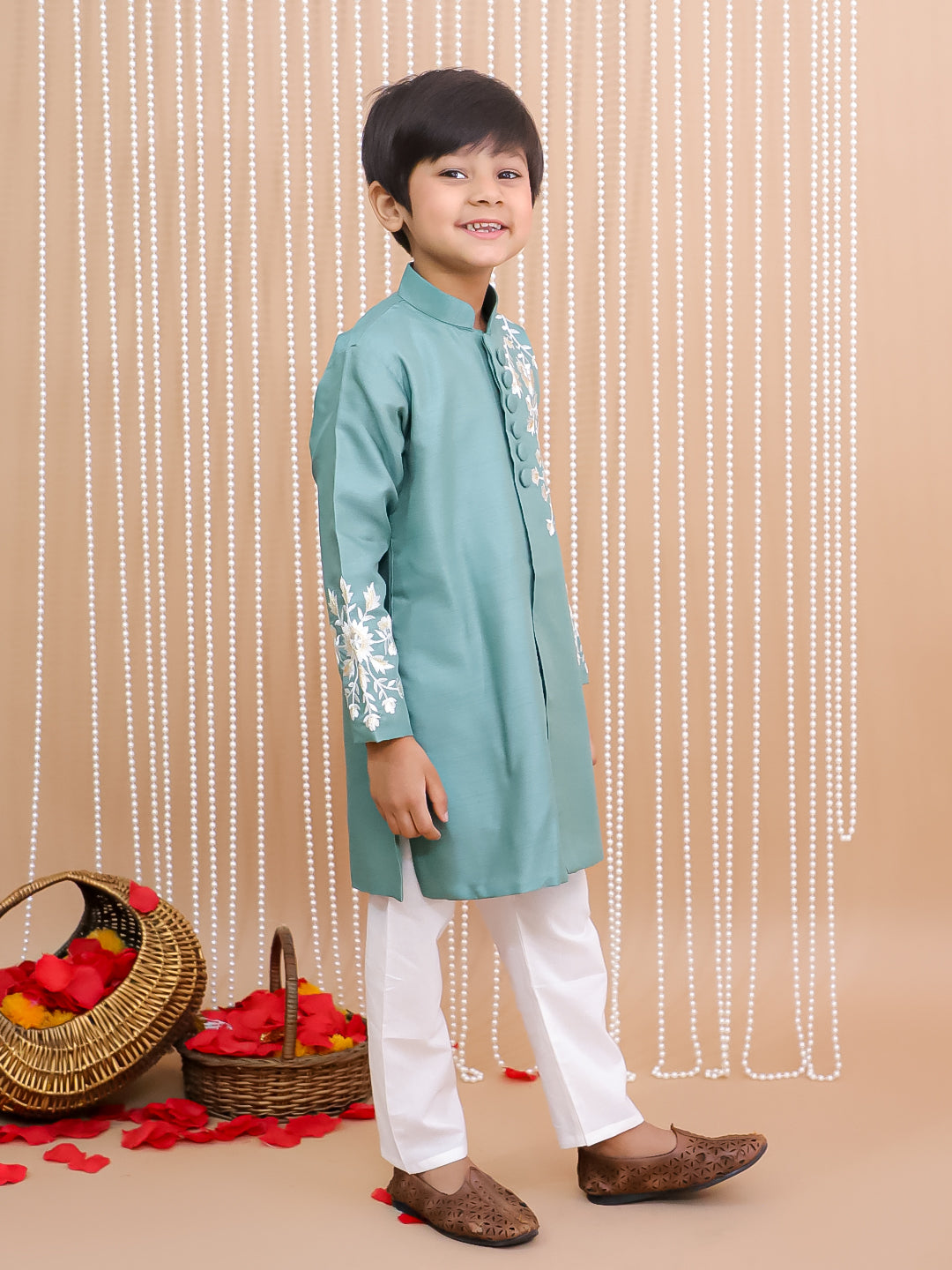 Kid One Royal Embroidered Sherwani Set For Boys Green