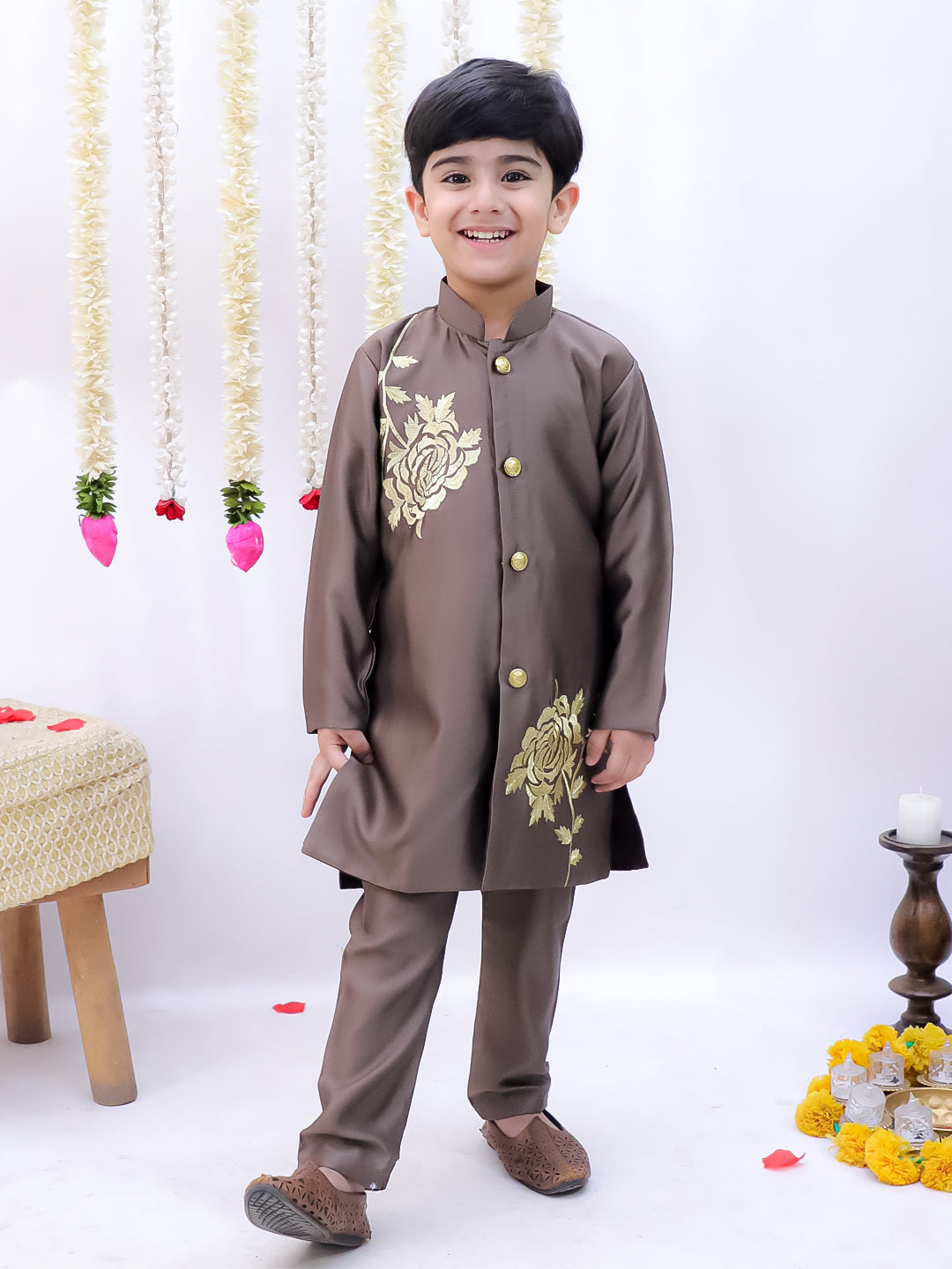 Kid One Embroidered Sherwani Pyjama Set For Boys Grey