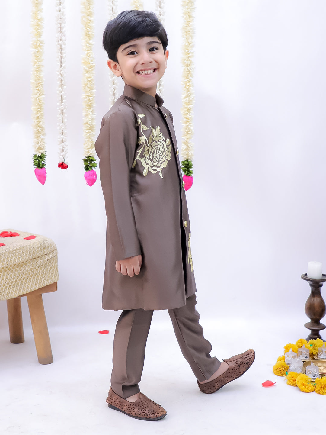 Kid One Embroidered Sherwani Pyjama Set For Boys Grey