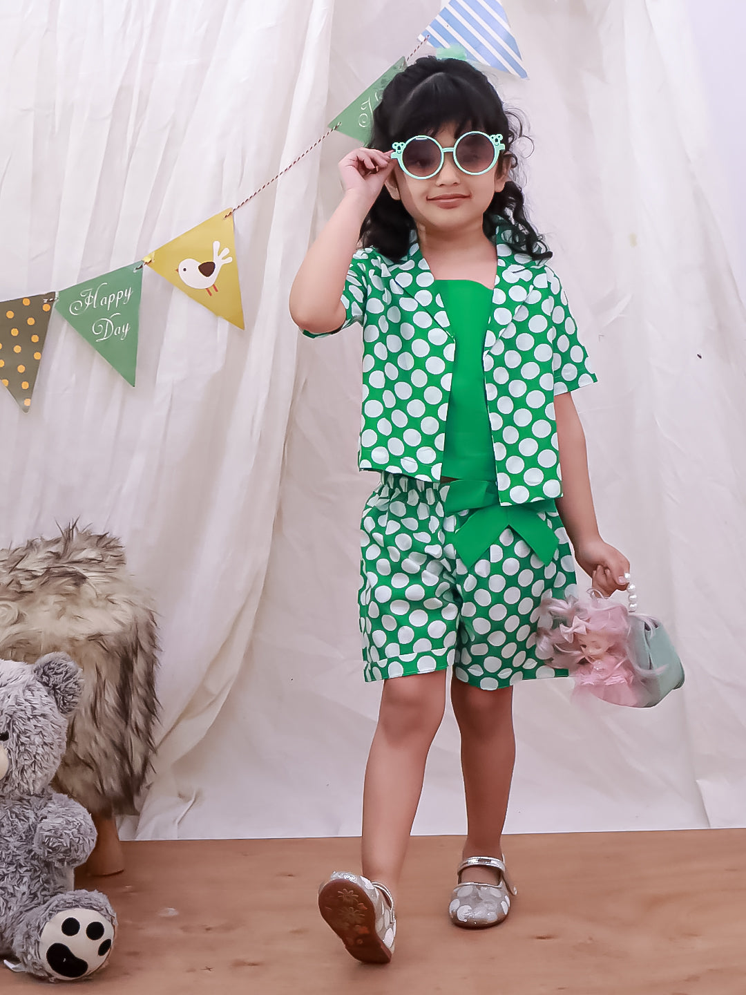 Kid One Polka Print Shorts With Top Green