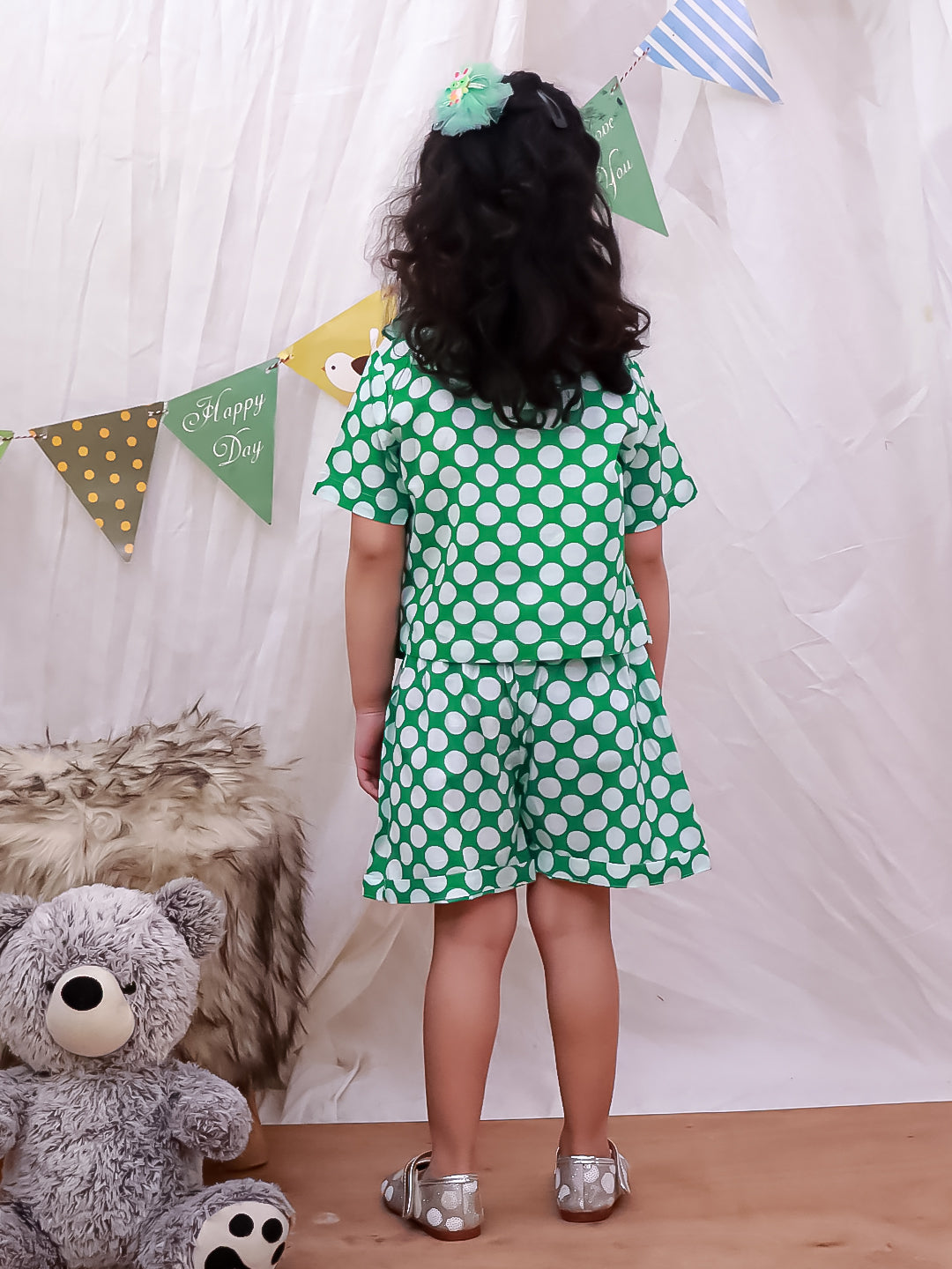Kid One Polka Print Shorts With Top Green