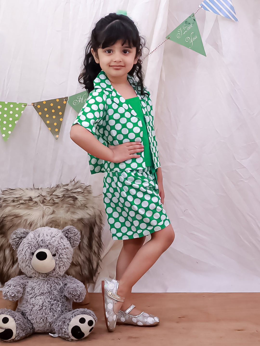 Kid One Polka Print Shorts With Top Green