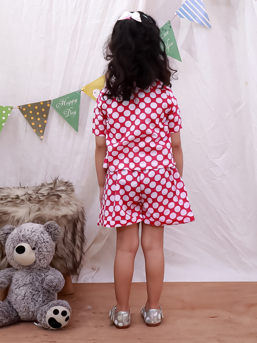 Kid One Polka Print Shorts With Top Pink