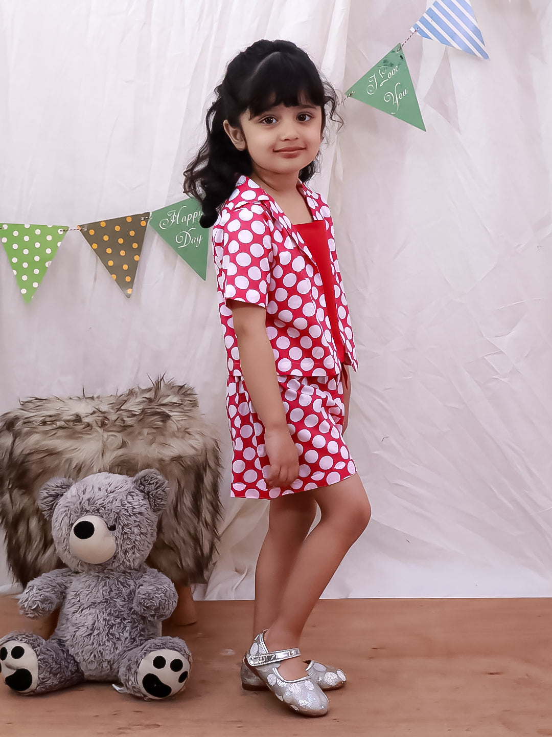 Kid One Polka Print Shorts With Top Pink