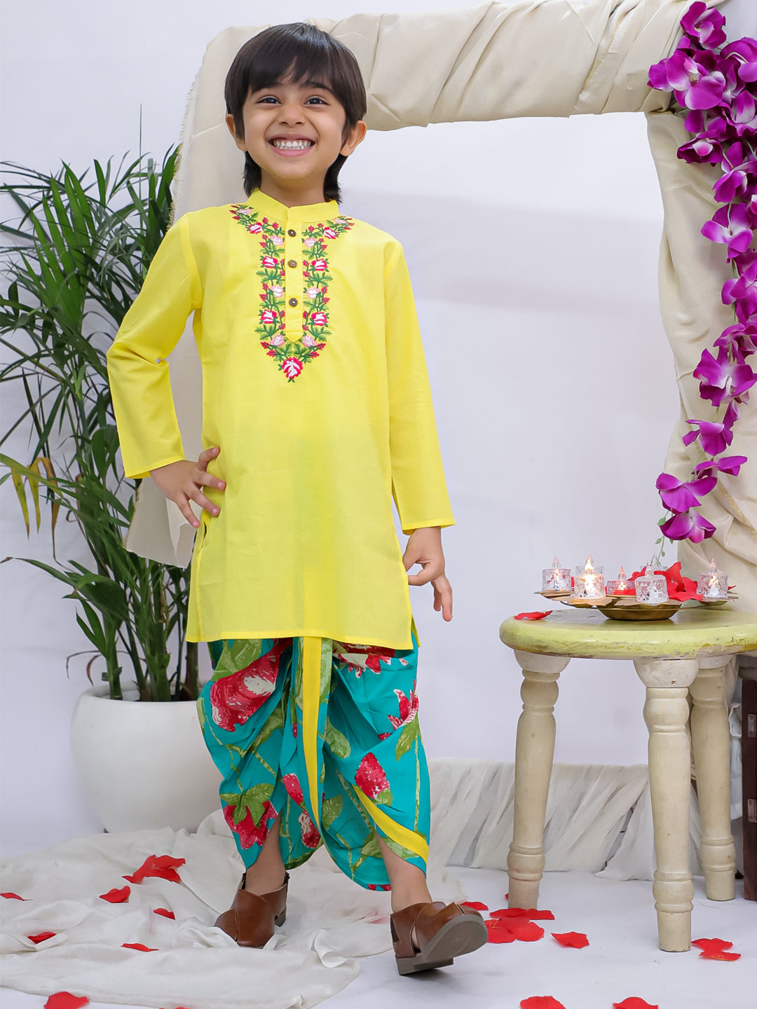 Kid One Cotton Floral Embroidered Kurta With Dhoti Set For Boys Yellow