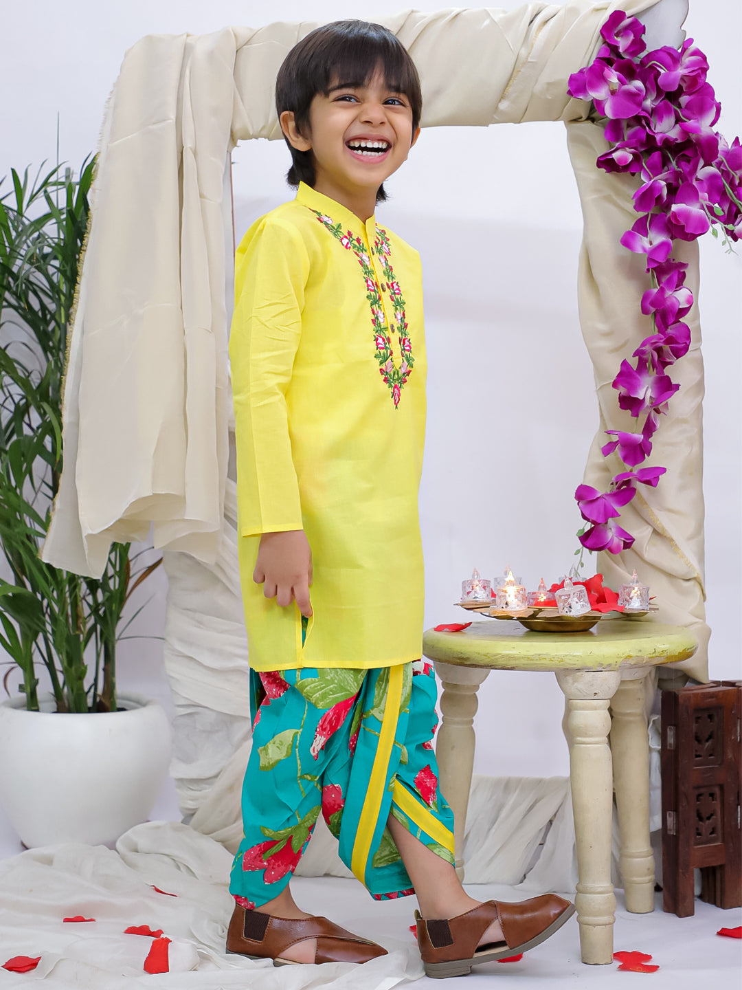 Kid One Cotton Floral Embroidered Kurta With Dhoti Set For Boys Yellow