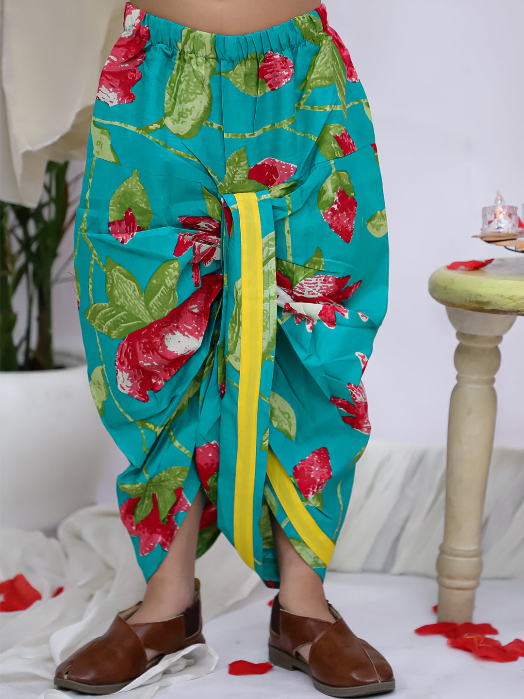 Kid One Cotton Floral Embroidered Kurta With Dhoti Set For Boys Yellow