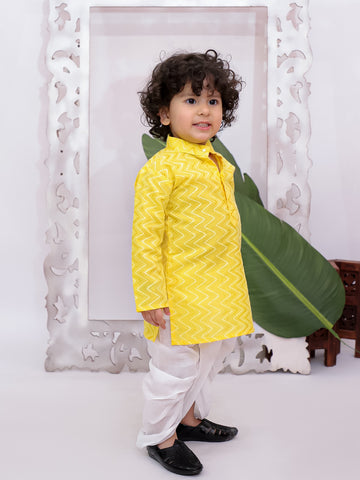 Kid One Full Sleeves Zig Zag Embroidered Cotton Kurta Dhoti Set For Boys Yellow