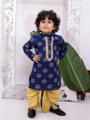 Kid One Full Sleeves Mirror Work Cotton Embroidered Kurta With Dhoti For Boys Blue