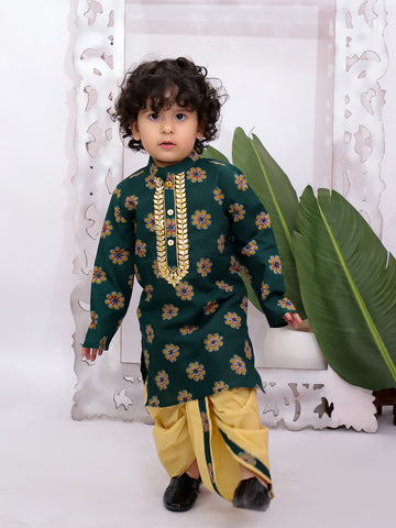 Kid One Full Sleeves Mirror Work Cotton Embroidered Kurta With Dhoti For Boys Green