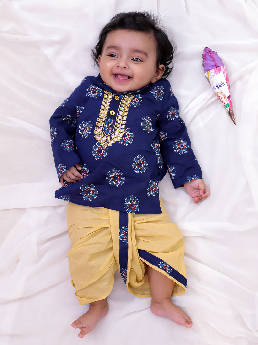Kid One Infant Mirror Work Cotton Embroidered Kurta With Dhoti For Boys Blue