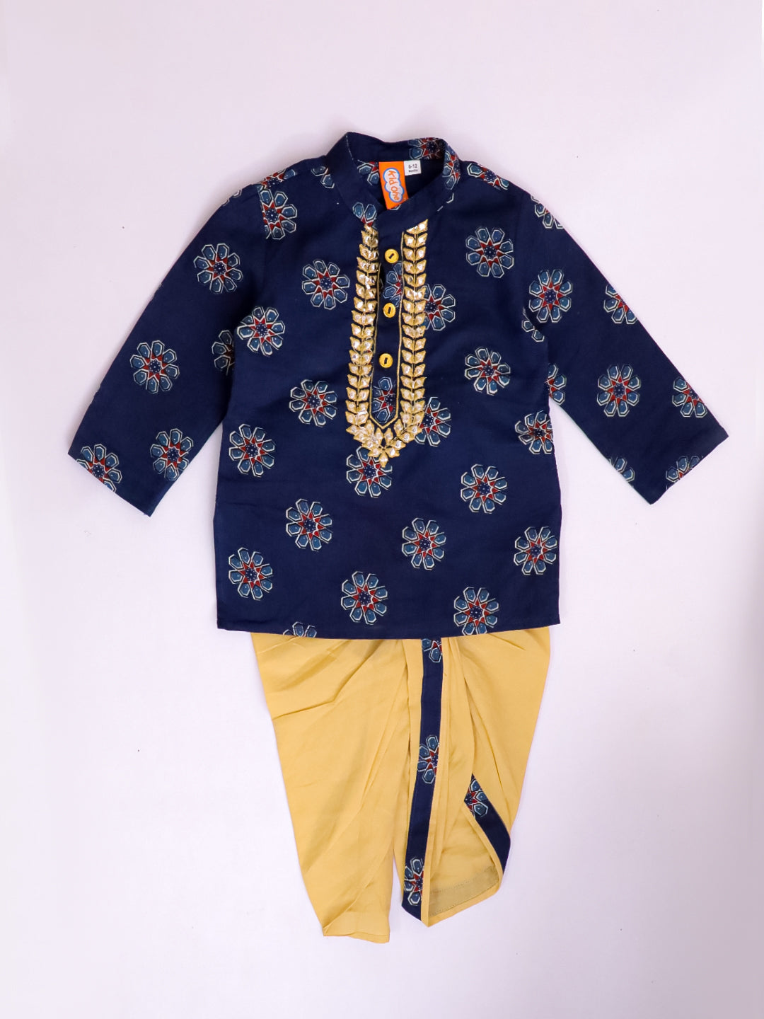 Kid One Infant Mirror Work Cotton Embroidered Kurta With Dhoti For Boys Blue