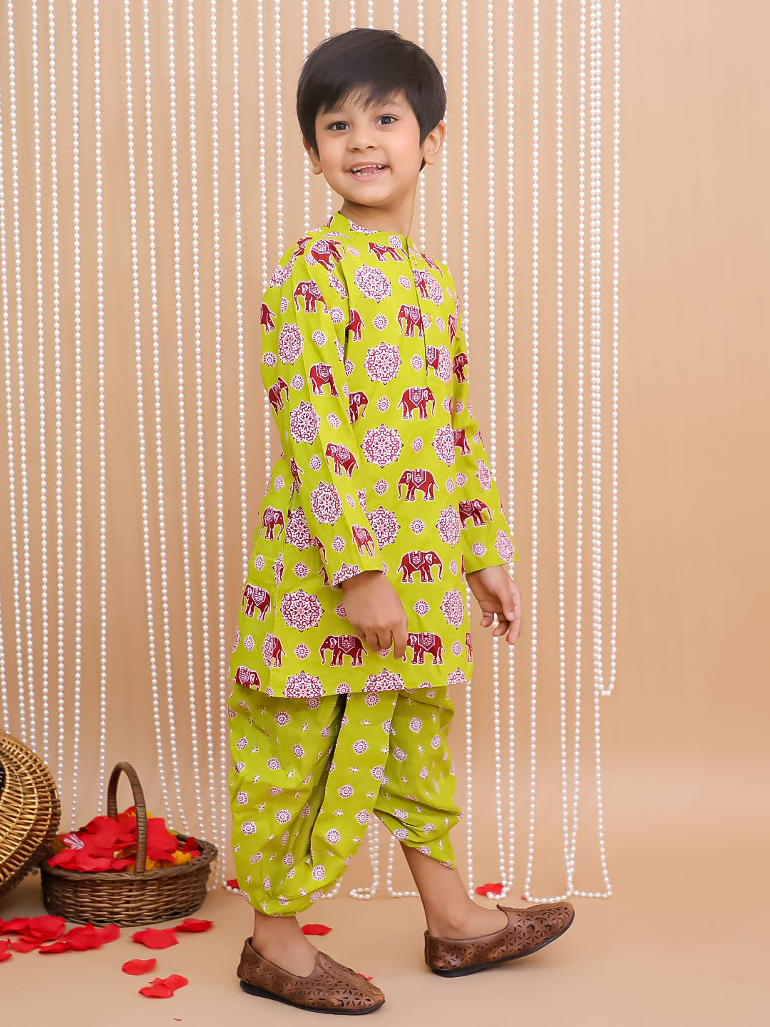 Kid One Elephant Print Kurta Dhoti Set For Boys Green