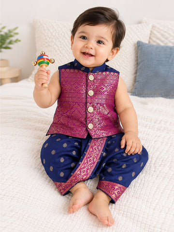 Kid One Jacquard Jacket Dhoti Set For Boys Navy