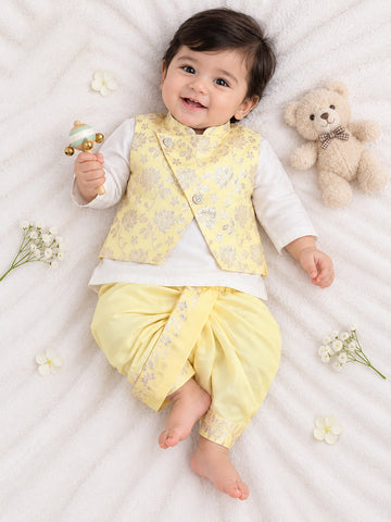 Kid One Infants Jacquard Kurta Dhoti With Attached Jacket Set For Boys Yellow