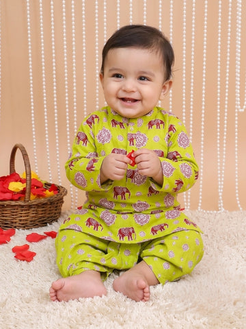 Kid One Infants Elephant Print Kurta Dhoti Set For Boys Green