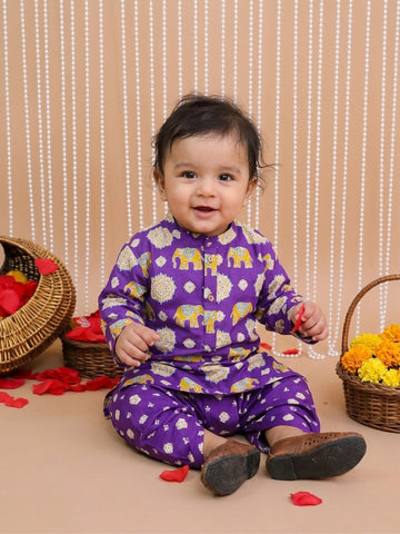 Kid One Infants Elephant Print Kurta Dhoti Set For Boys Purple