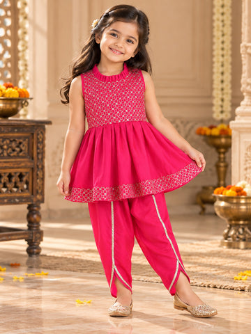 Kid One Anmol Nytara Sleeveless Embroidered Peplum Kurti With Dhoti Set Pink