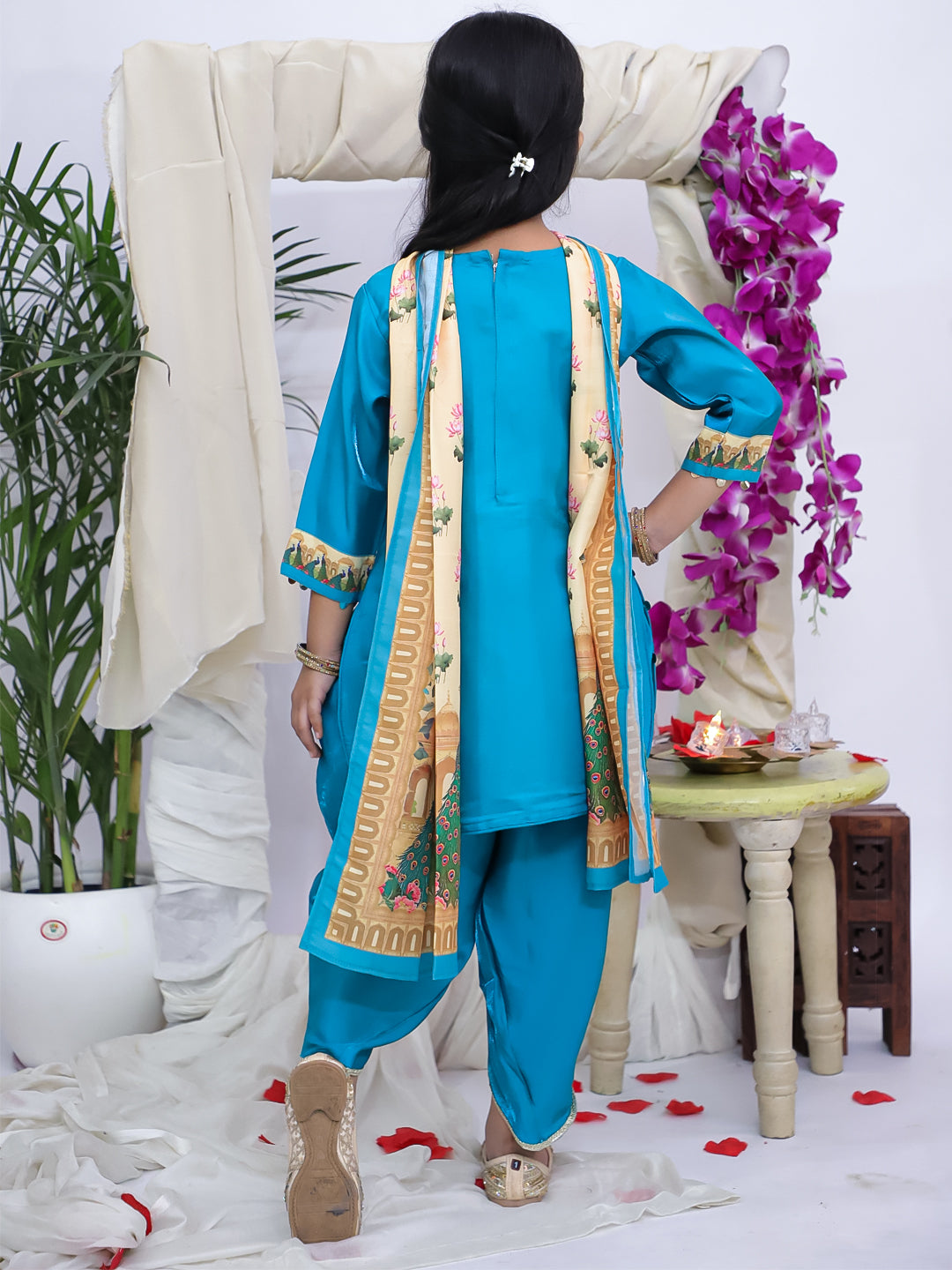 Kid One Royal Silk Peacock Print Kurti Dhoti With Dupatta Set For Girls Blue