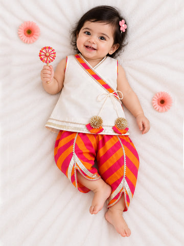 Kid One Angarakha Kurti With Leheriya Dhoti Set For Girls Offwhite