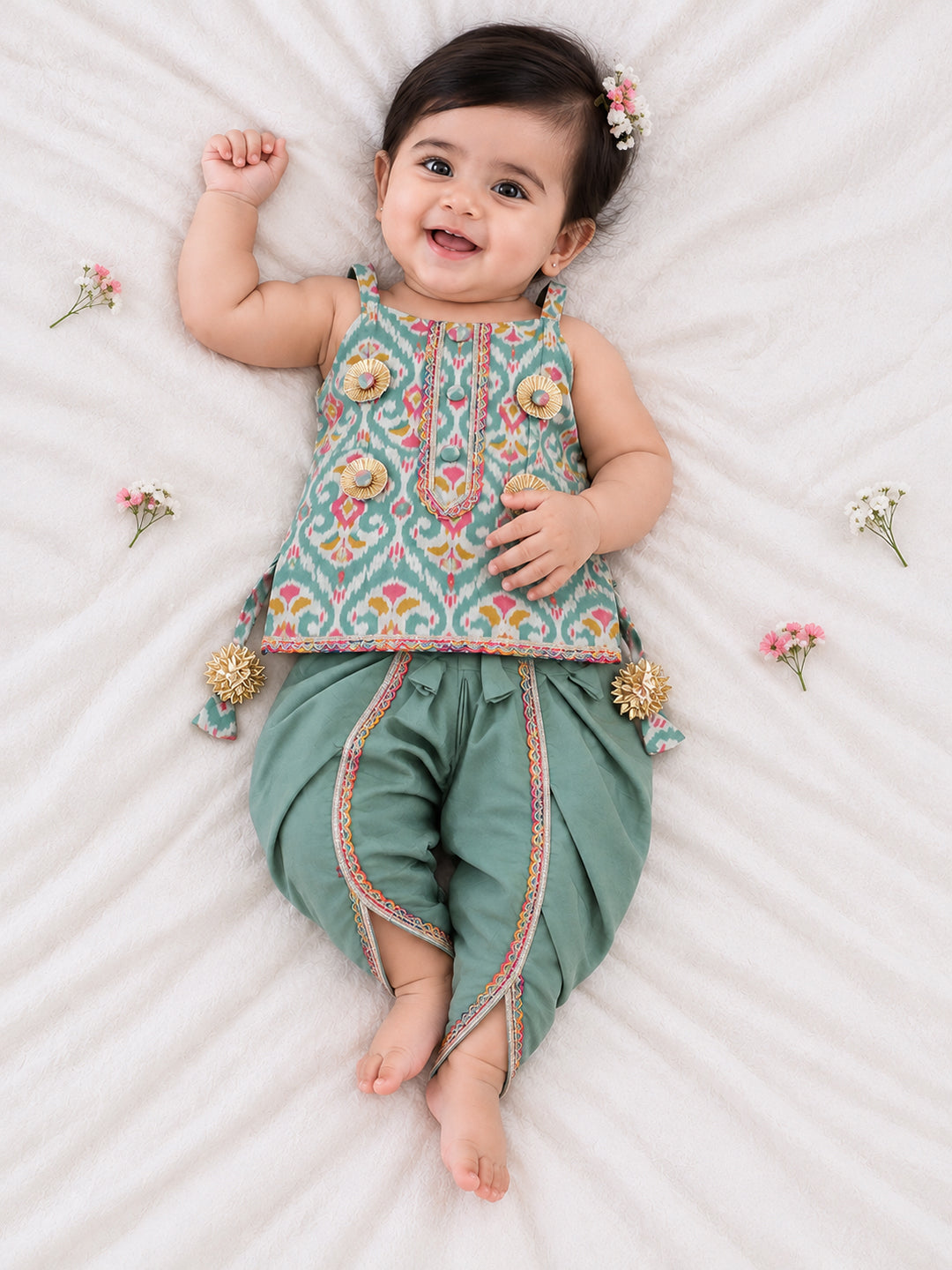 Kid One Infants Cotton Kurti With Dhoti Set For Girls Green