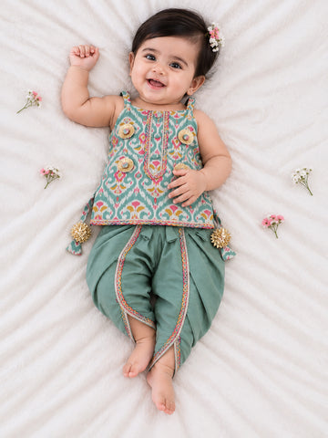 Kid One Infants Cotton Kurti With Dhoti Set For Girls Green