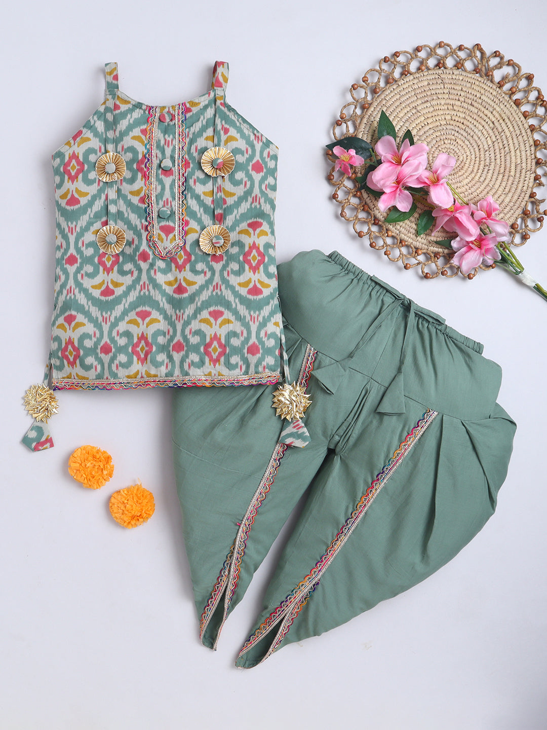 Kid One Infants Cotton Kurti With Dhoti Set For Girls Green