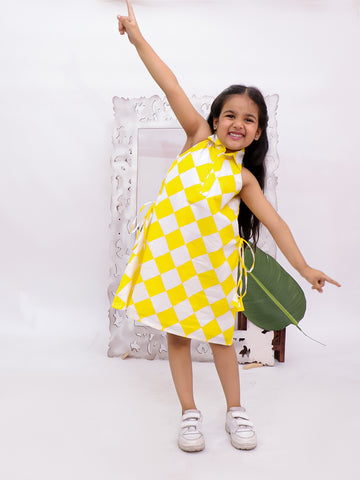 Diamond Check Premium Collared Cotton Dress Yellow