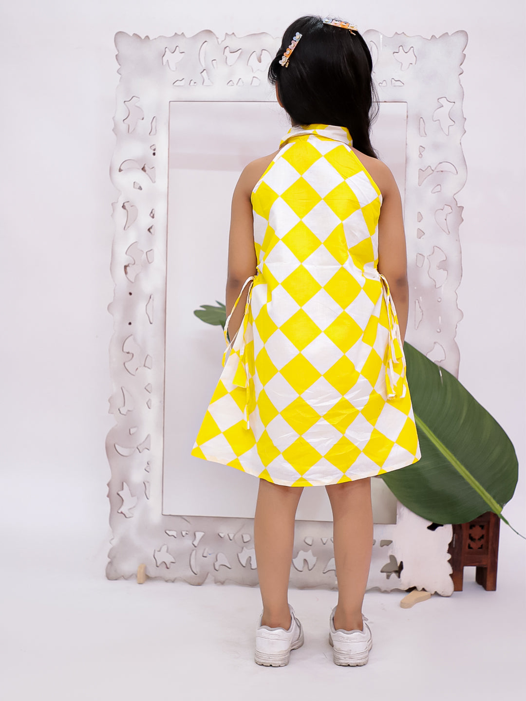 Diamond Check Premium Collared Cotton Dress Yellow