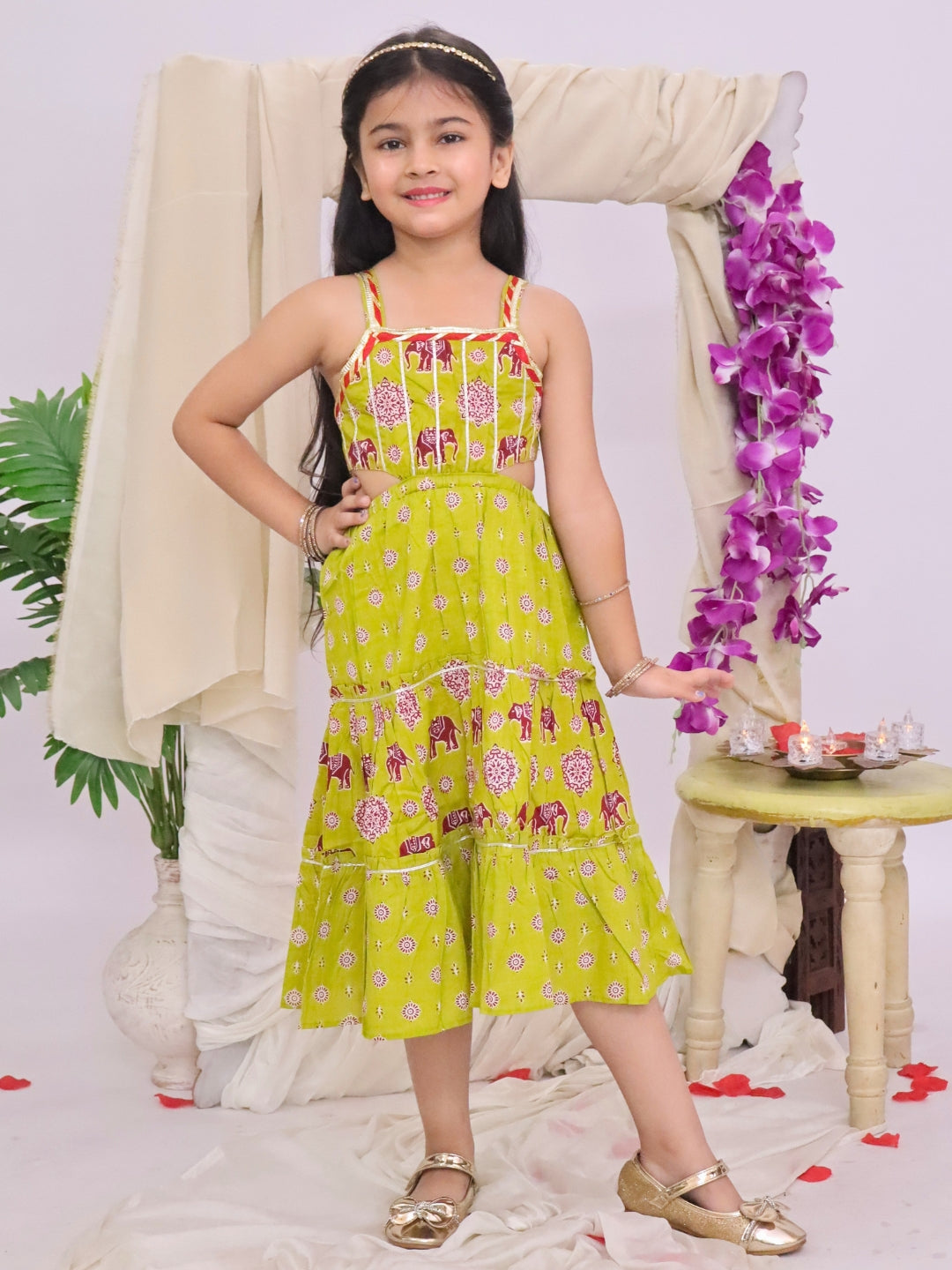 Kid One Pure Cotton Printed Long Dress For Girls Green