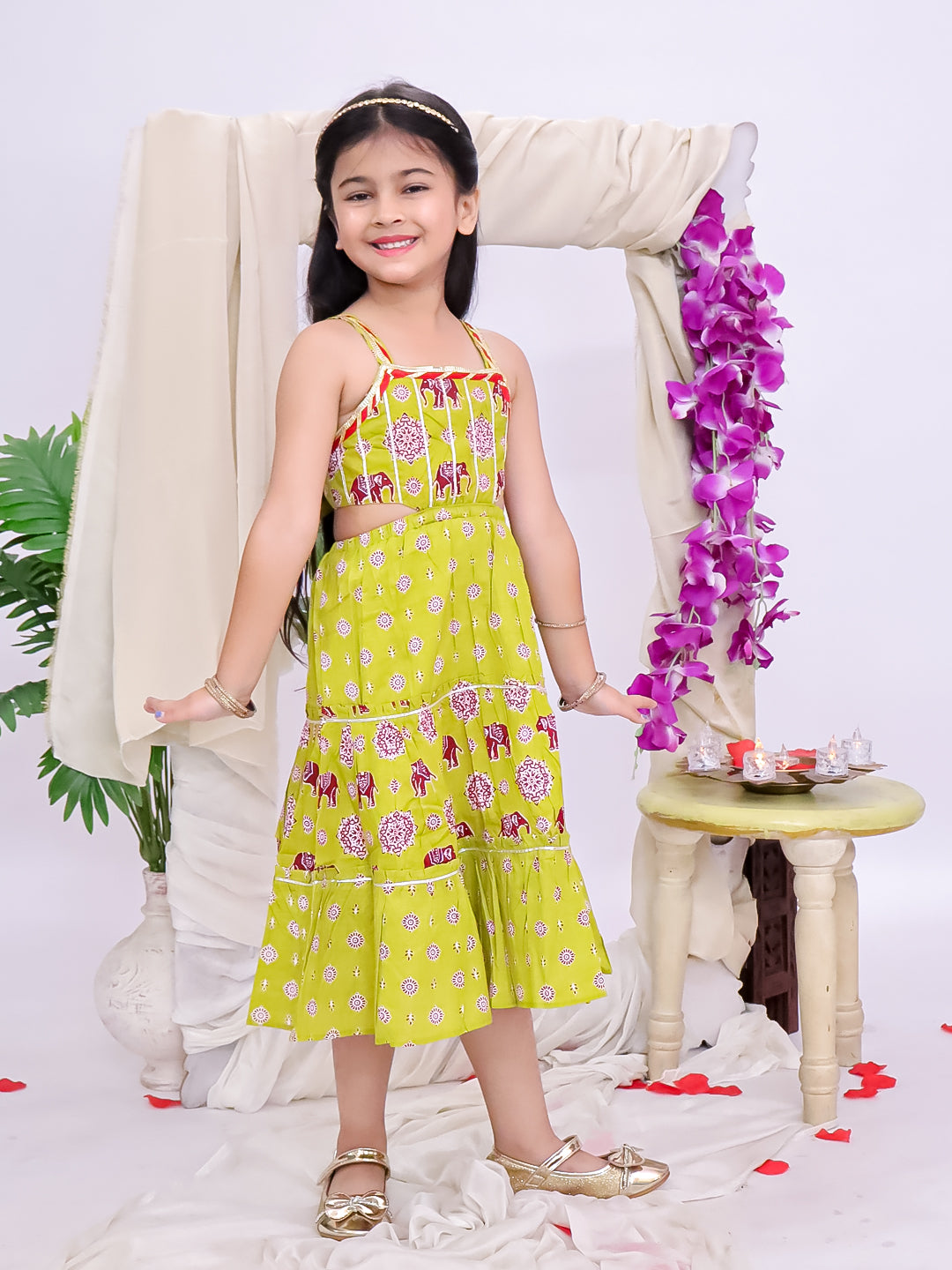 Kid One Pure Cotton Printed Long Dress For Girls Green