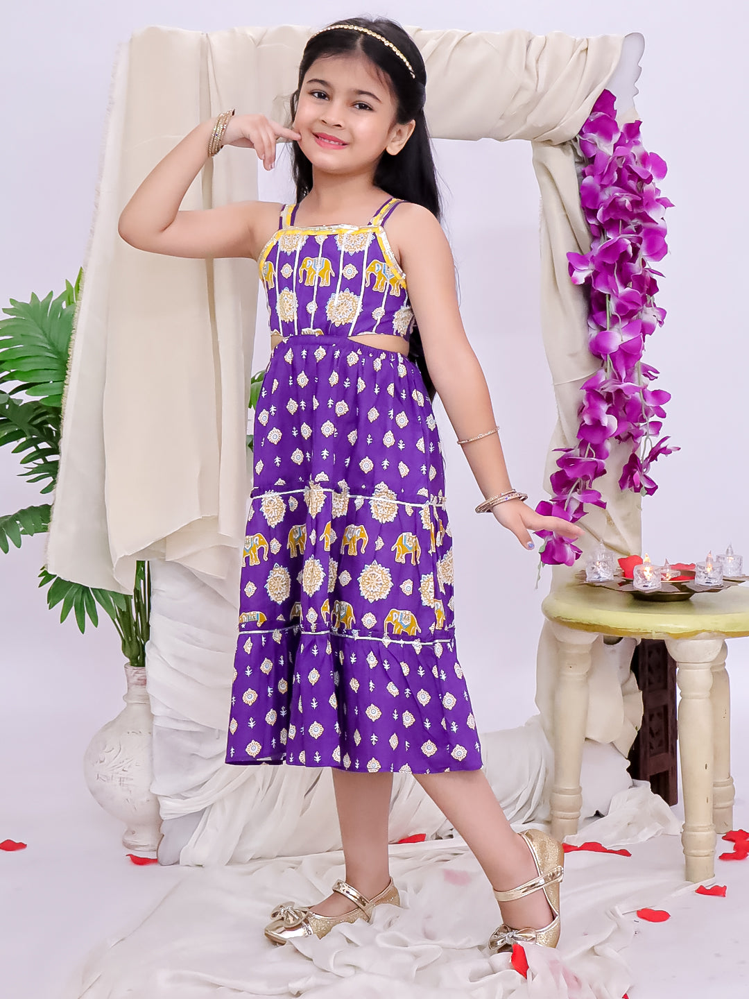 Kid One Pure Cotton Printed Long Dress For Girls Purple
