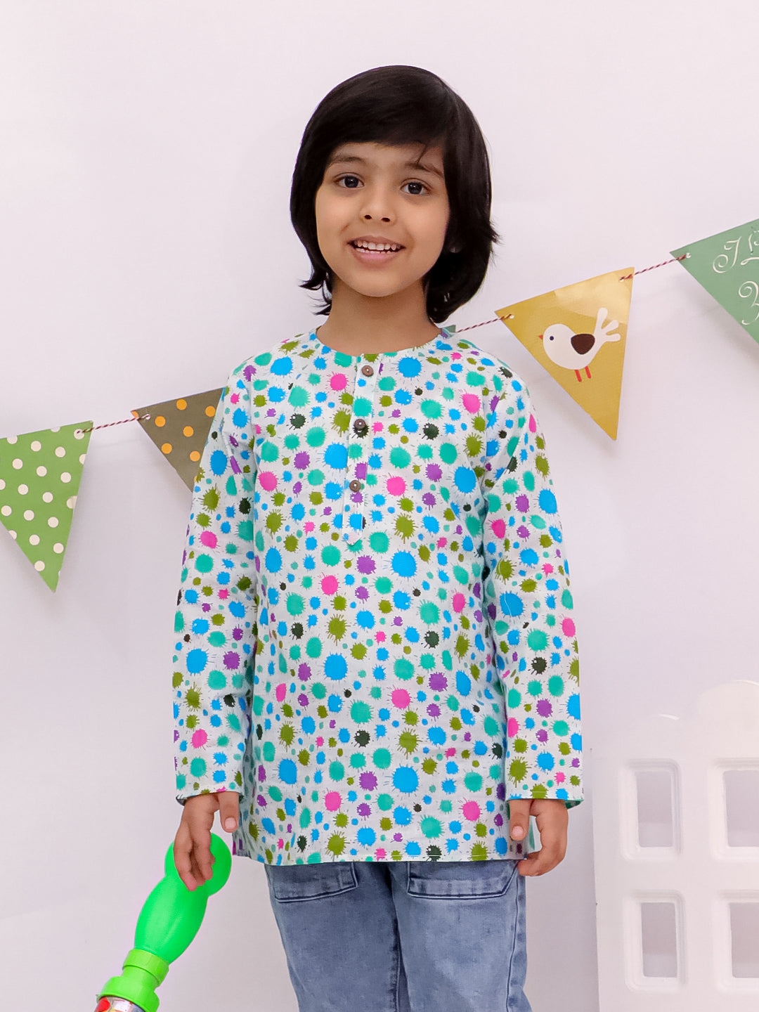 Playful Dot Print Cotton Kurta For Boys Blue