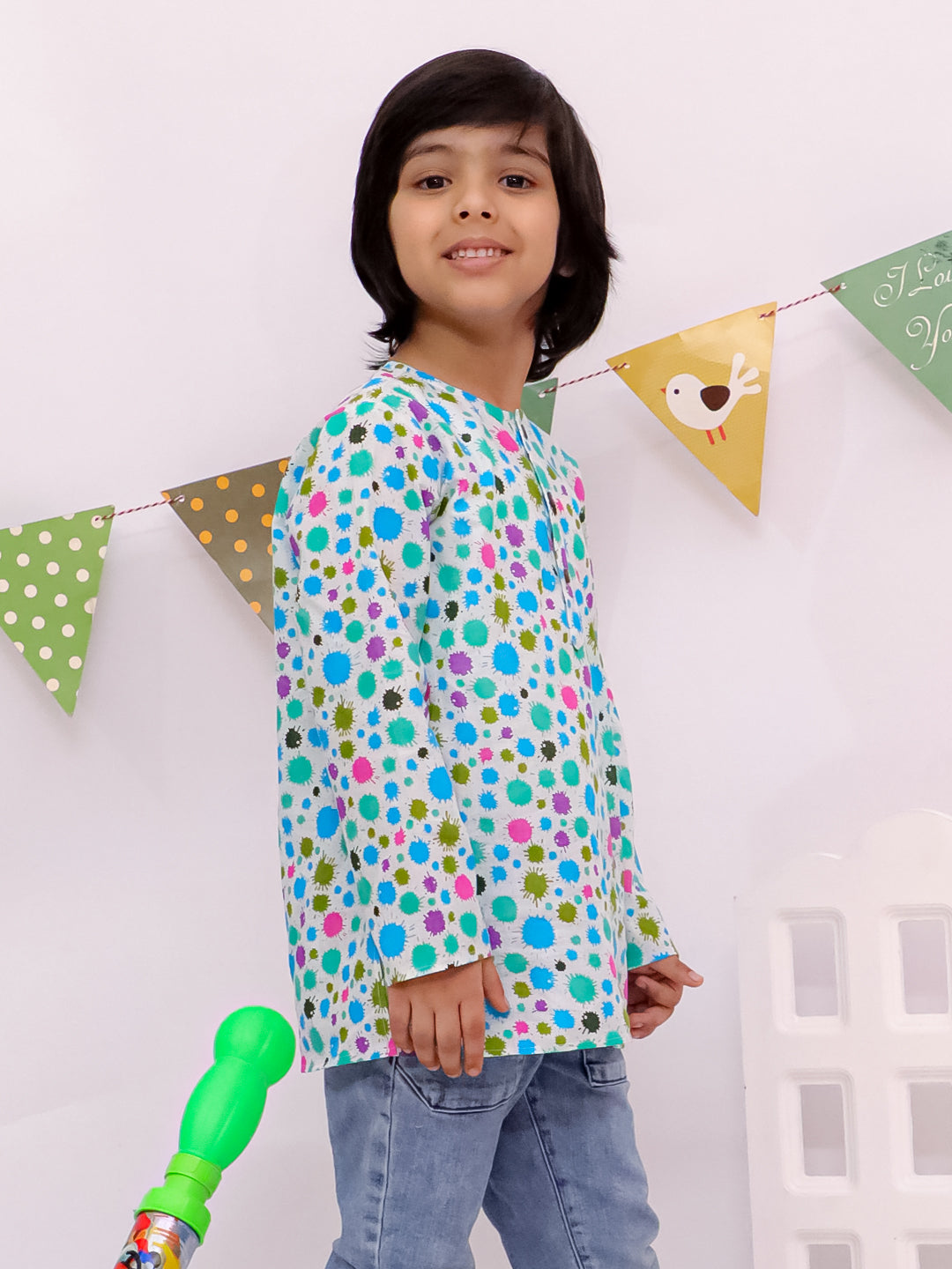 Playful Dot Print Cotton Kurta For Boys Blue