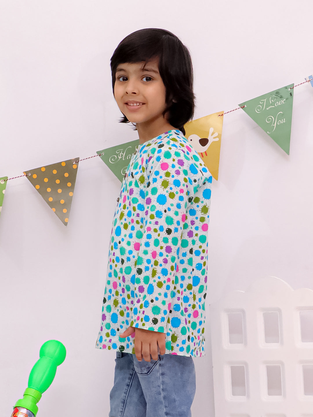 Playful Dot Print Cotton Kurta For Boys Blue