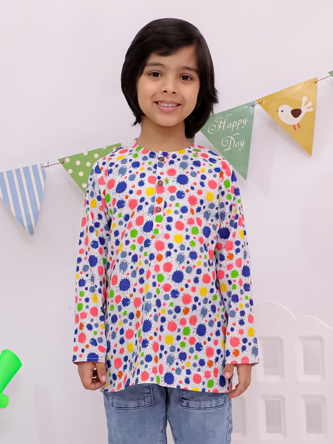 Cotton Polka Dot Printed Unisex Kurta - Orange