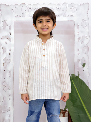 Kid One Full Hand Stripes Cotton Linen Short Kurta For Boys Beige