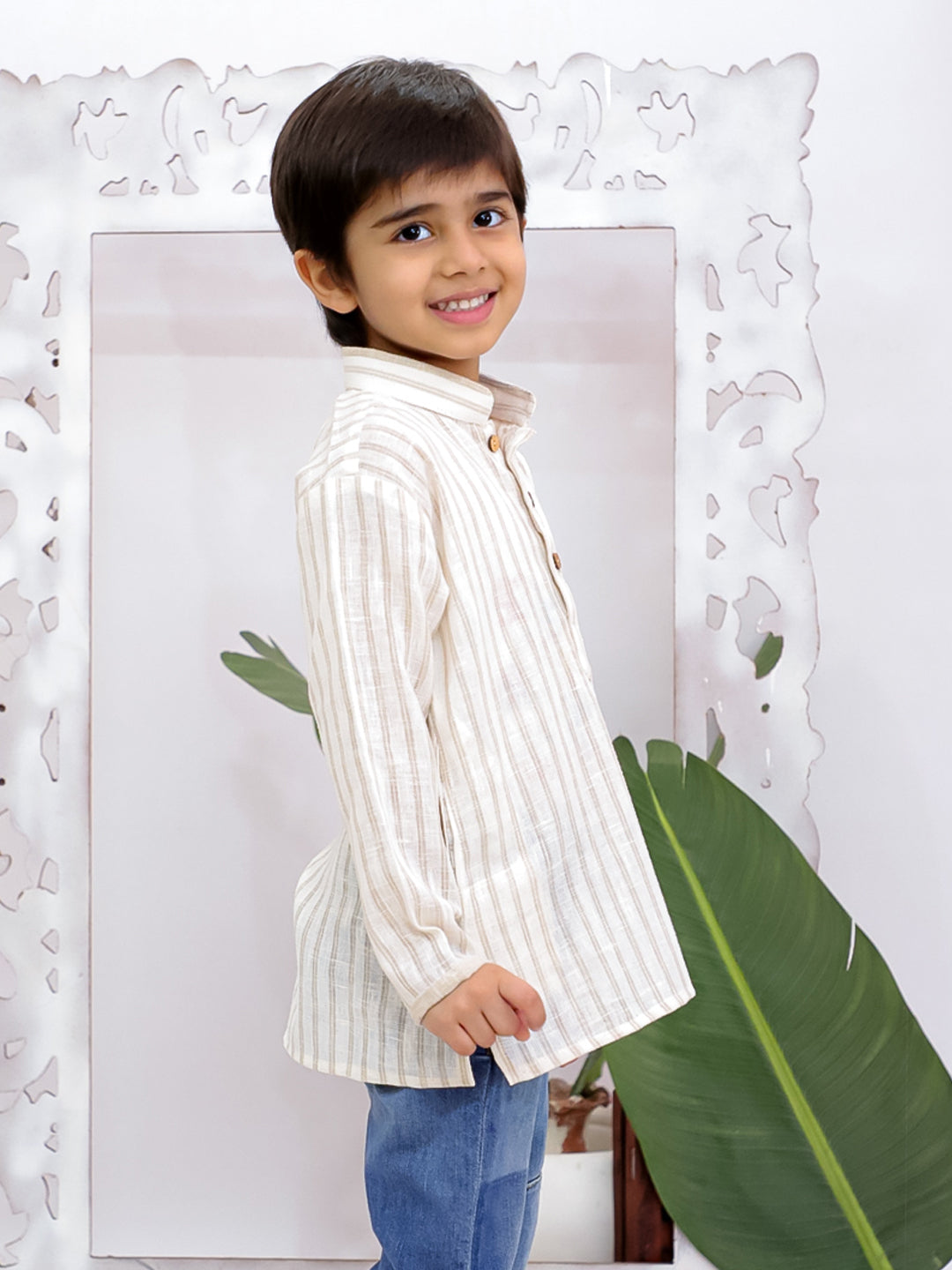Kid One Full Hand Stripes Cotton Linen Short Kurta For Boys Beige