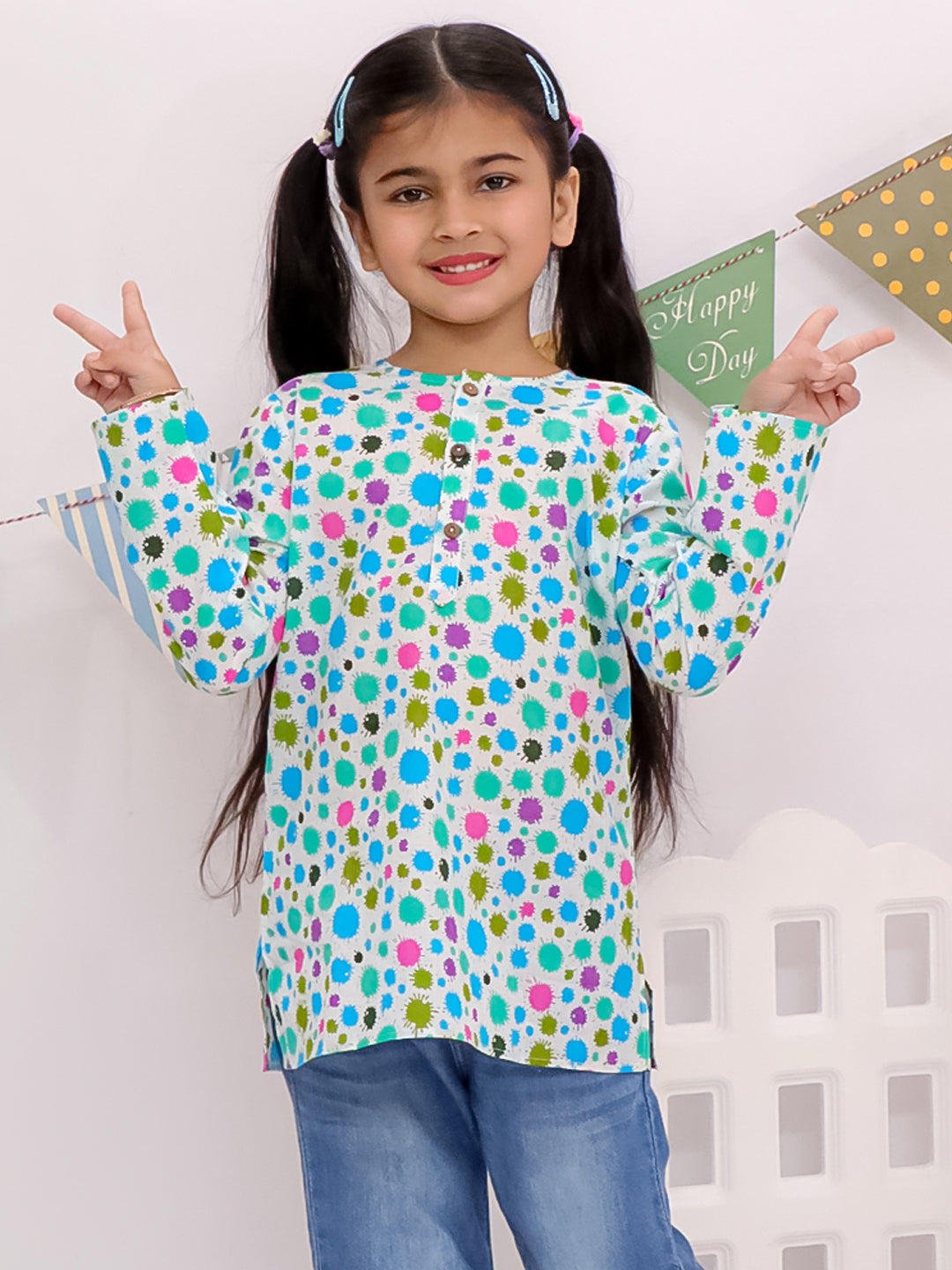 Playful Dot Print Cotton Kurta For Girls Blue